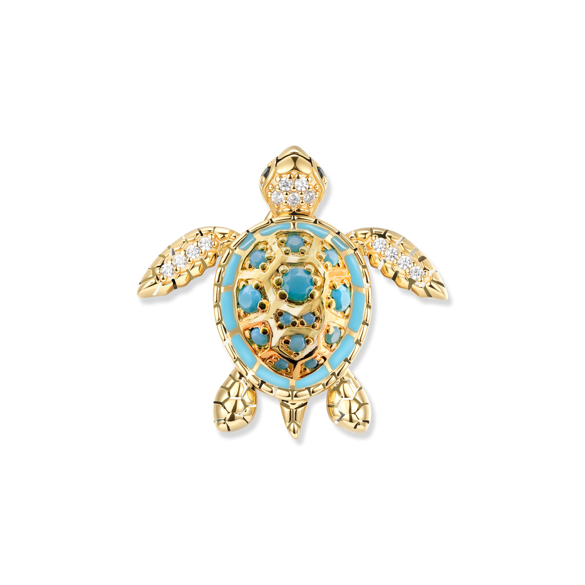 Gold turtle with a turquoise enamel shell and glowing stones, inspired by clear, sunny aquatic worlds