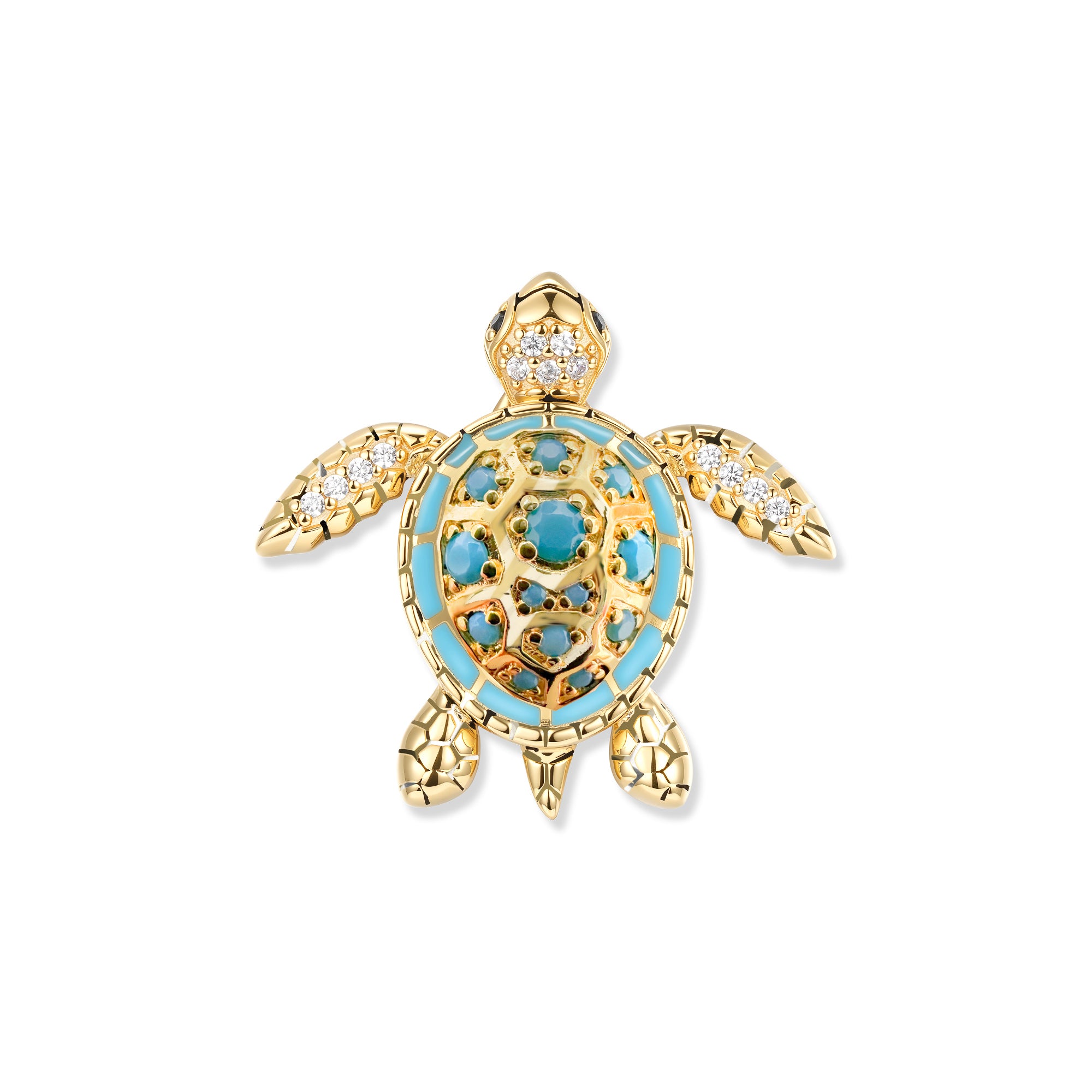 Goldene Schildkröte mit türkisfarbenem Emaille-Panzer und leuchtenden Steinen, inspiriert von klaren, sonnigen Wasserwelten