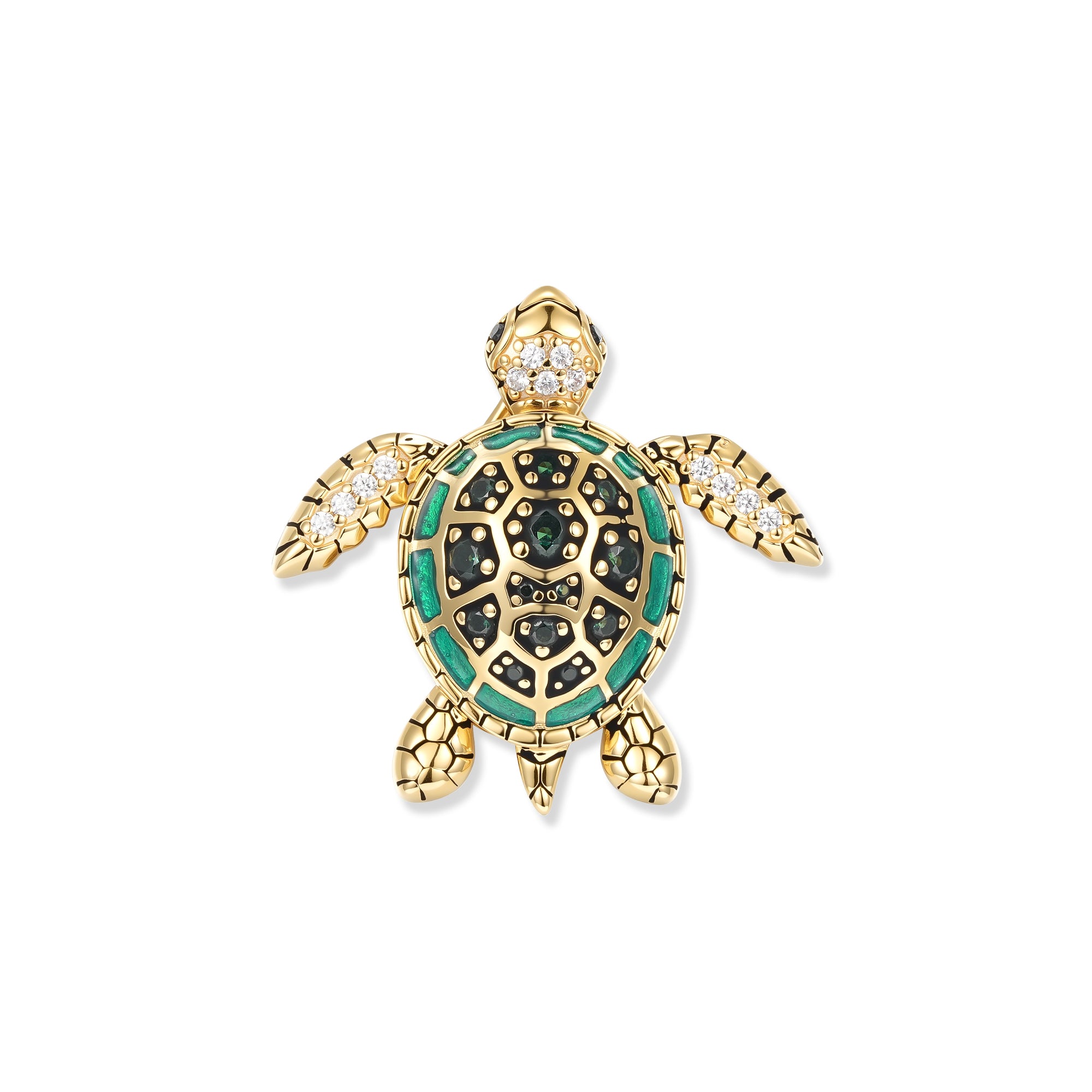 Goldene Schildkröte mit grünem Emaille-Panzer und funkelnden grünen Zirkonia, inspiriert von warmen, ruhigen Wasserwelten