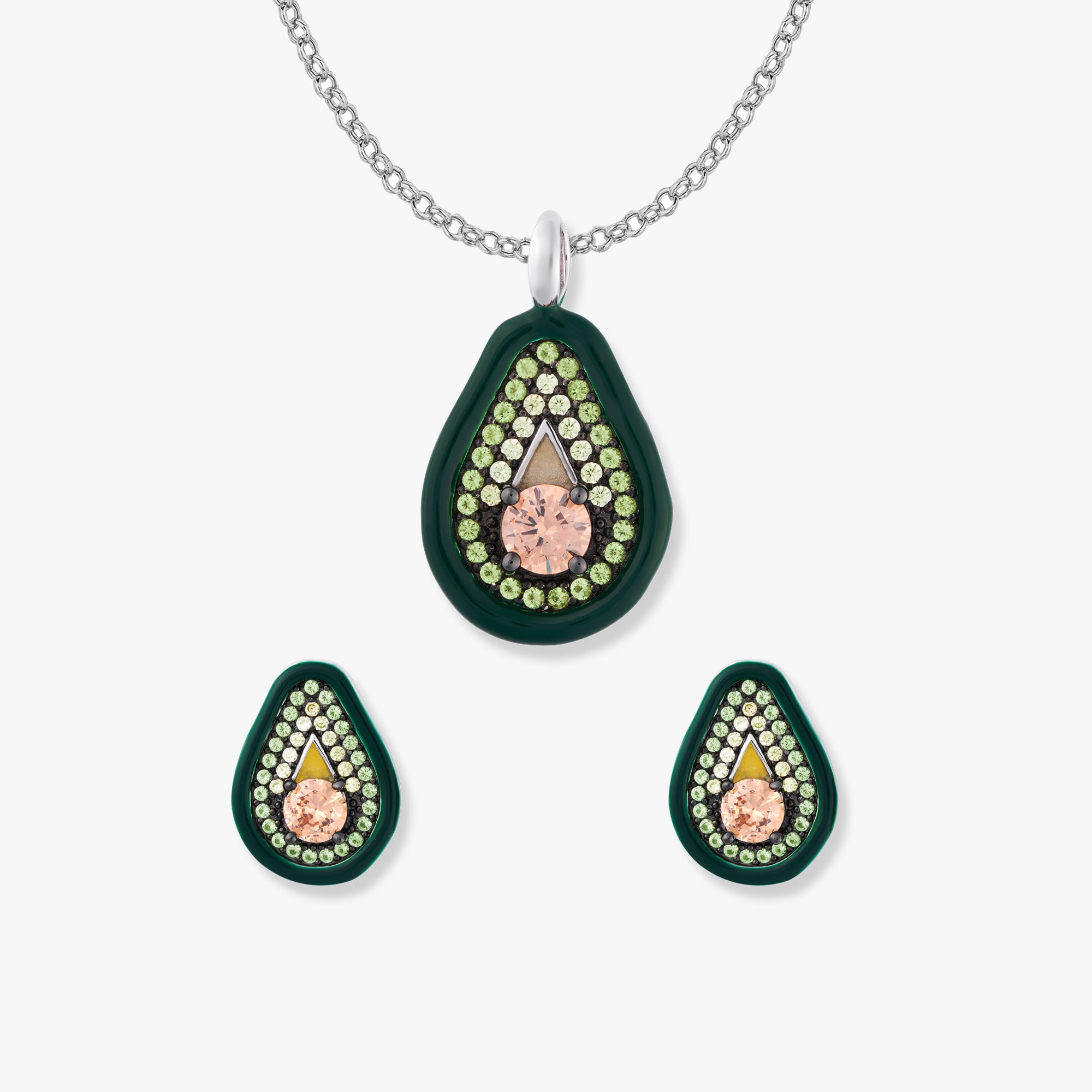 Avo Avocado Schmuck-Set von SEINERZEIT mit Avocado-Anhänger, Ohrsteckern und Silberkette aus 925 Sterling Silber