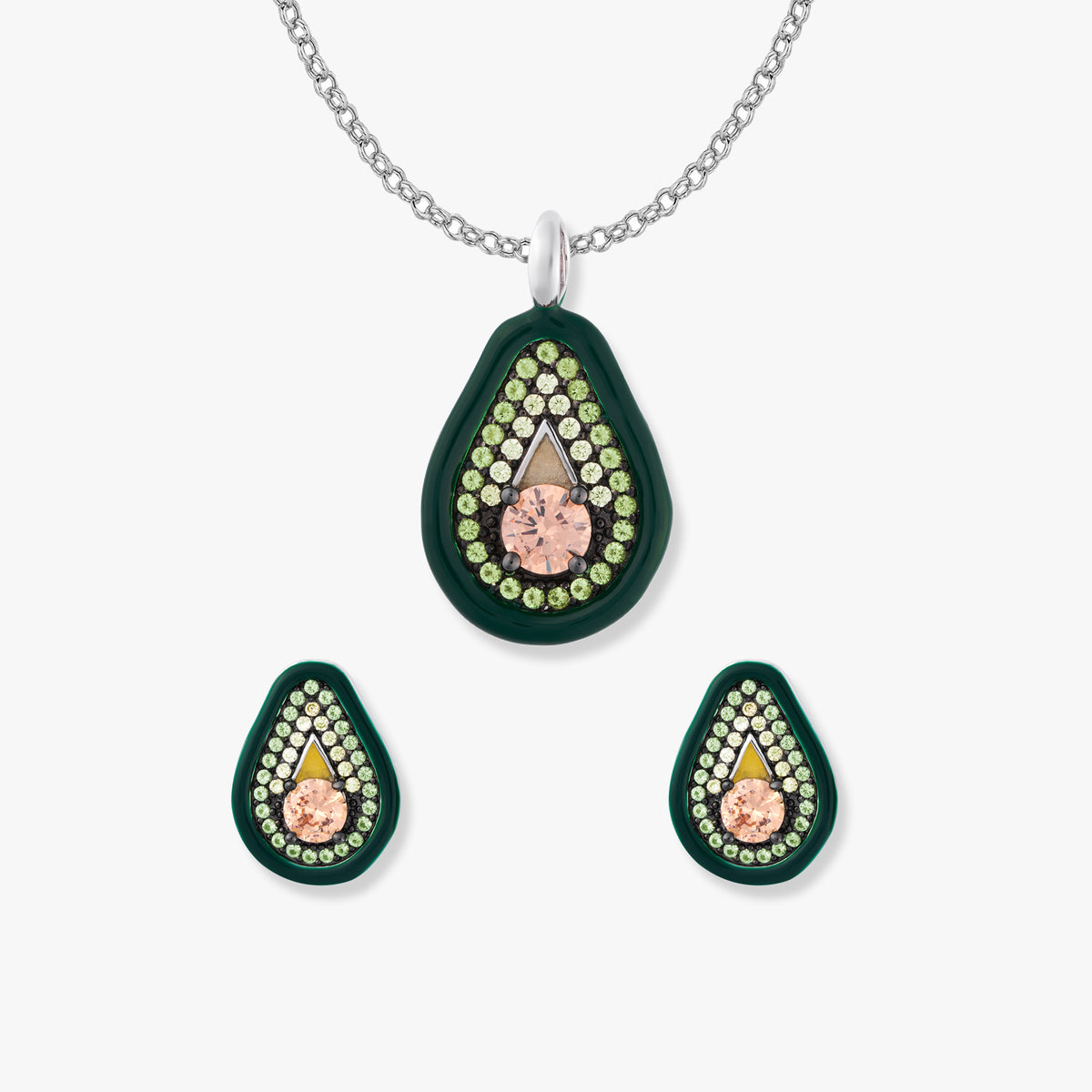 Set di gioielli Avo Avocado di SEINERZEIT con ciondolo a forma di avocado, orecchini a lobo e catenina in argento sterling 925