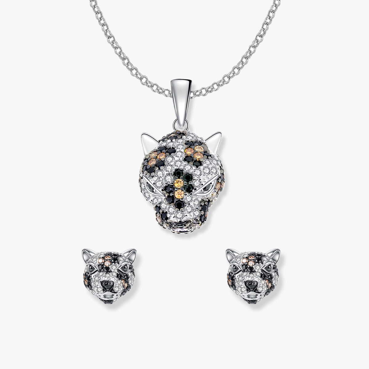 Set di gioielli Jack Jaguar di SEINERZEIT con ciondolo a forma di giaguaro su catenina d'argento e orecchini abbinati in argento sterling 925