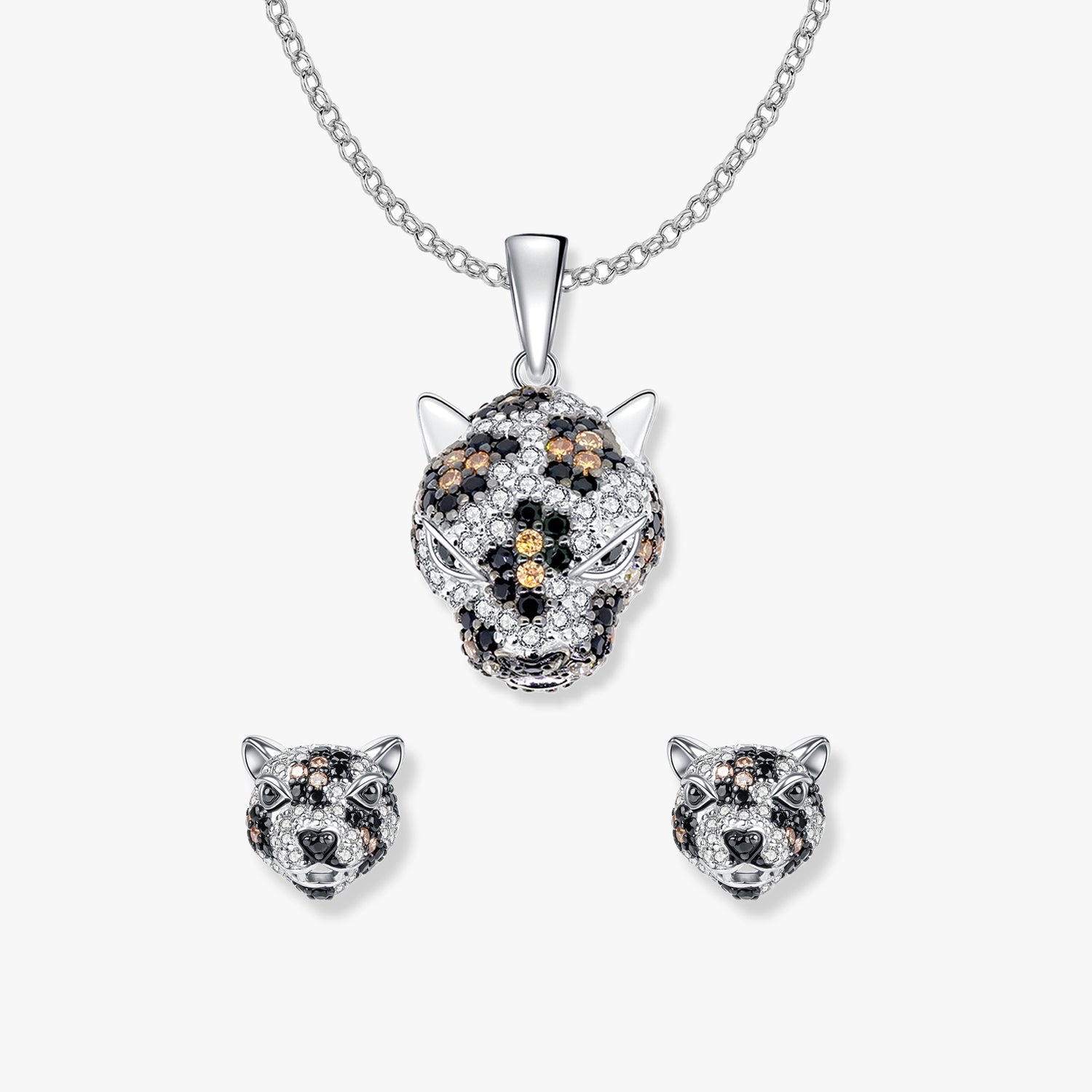Set di gioielli Jack Jaguar di SEINERZEIT con ciondolo a forma di giaguaro su catenina d'argento e orecchini abbinati in argento sterling 925