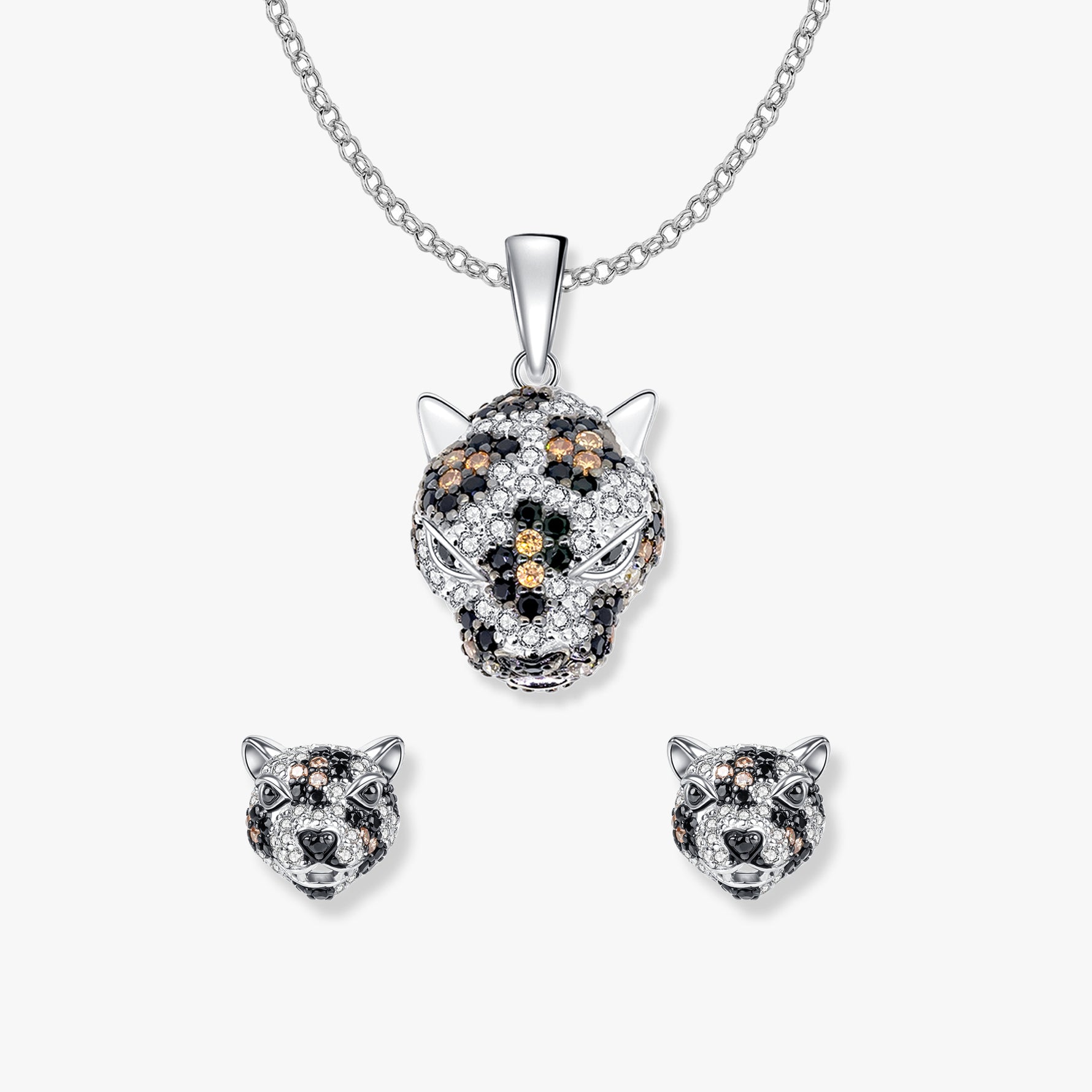 Set di gioielli Jack Jaguar di SEINERZEIT con ciondolo a forma di giaguaro su catenina d'argento e orecchini abbinati in argento sterling 925