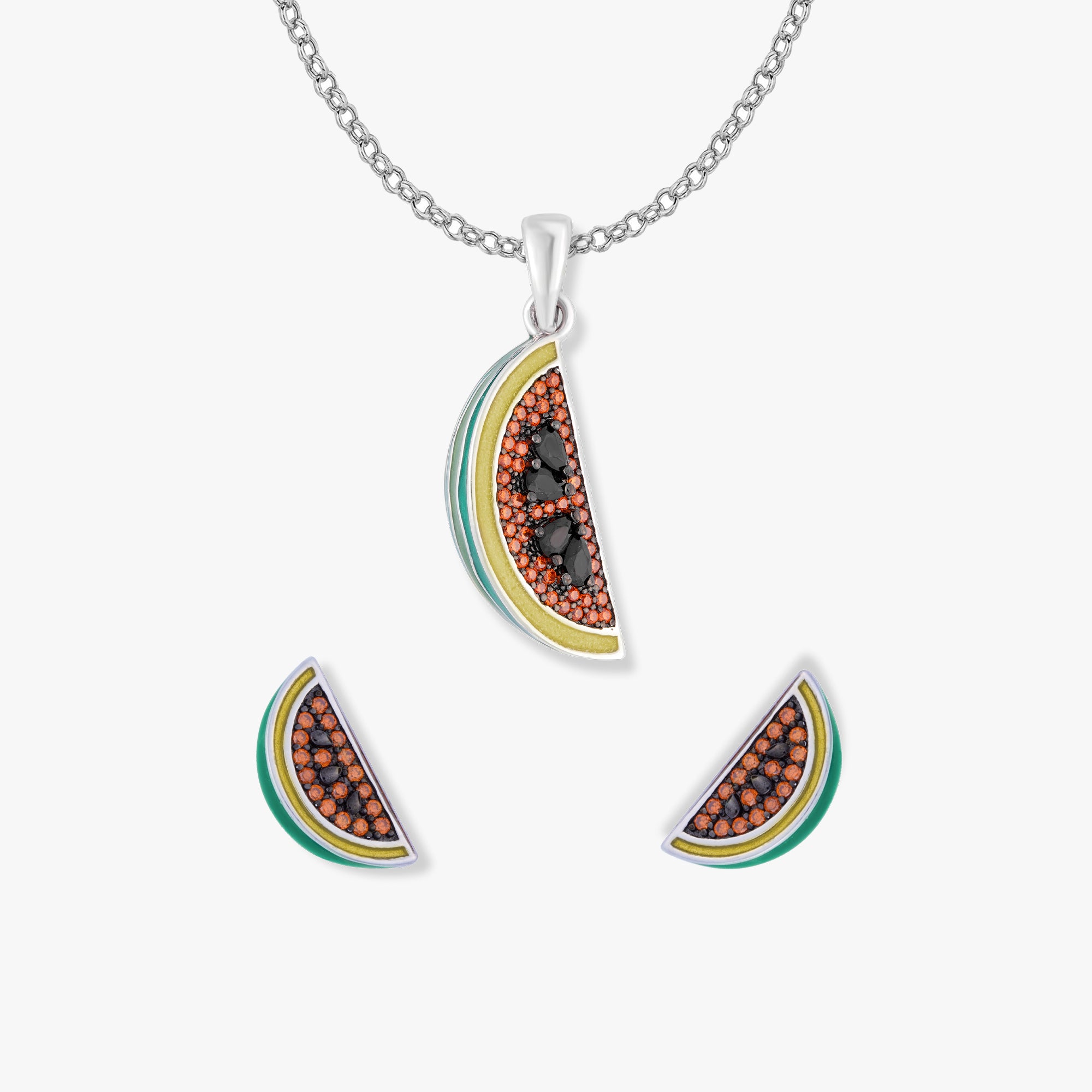 Melo Melonen Schmuck-Set von SEINERZEIT mit Melonen-Anhänger, Ohrringen und Silberkette aus 925 Sterling Silber