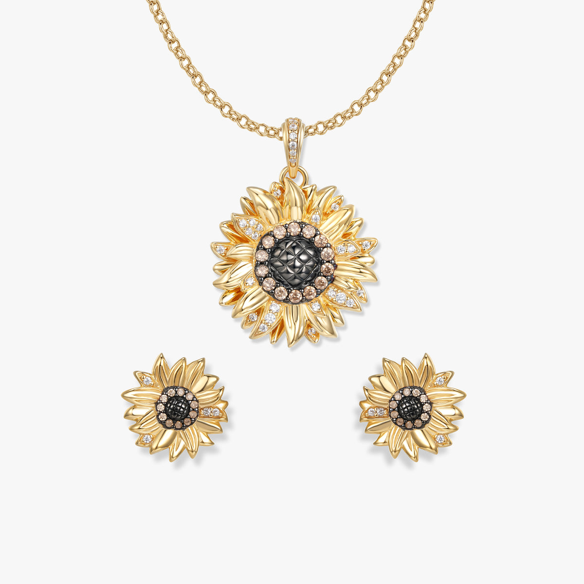 Set di gioielli Solana con girasoli di SEINERZEIT, con ciondolo placcato oro, orecchini a lobo e catenina in argento sterling 925