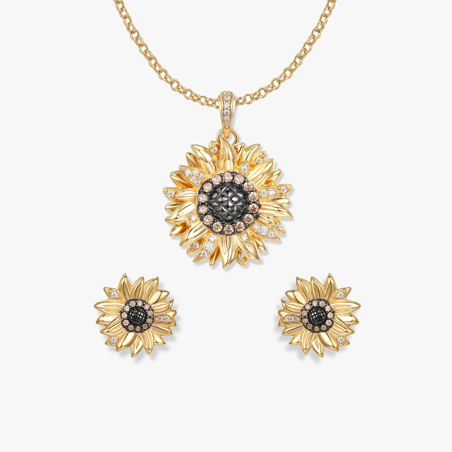 Set di gioielli Solana con girasoli di SEINERZEIT, con ciondolo placcato oro, orecchini a lobo e catenina in argento sterling 925