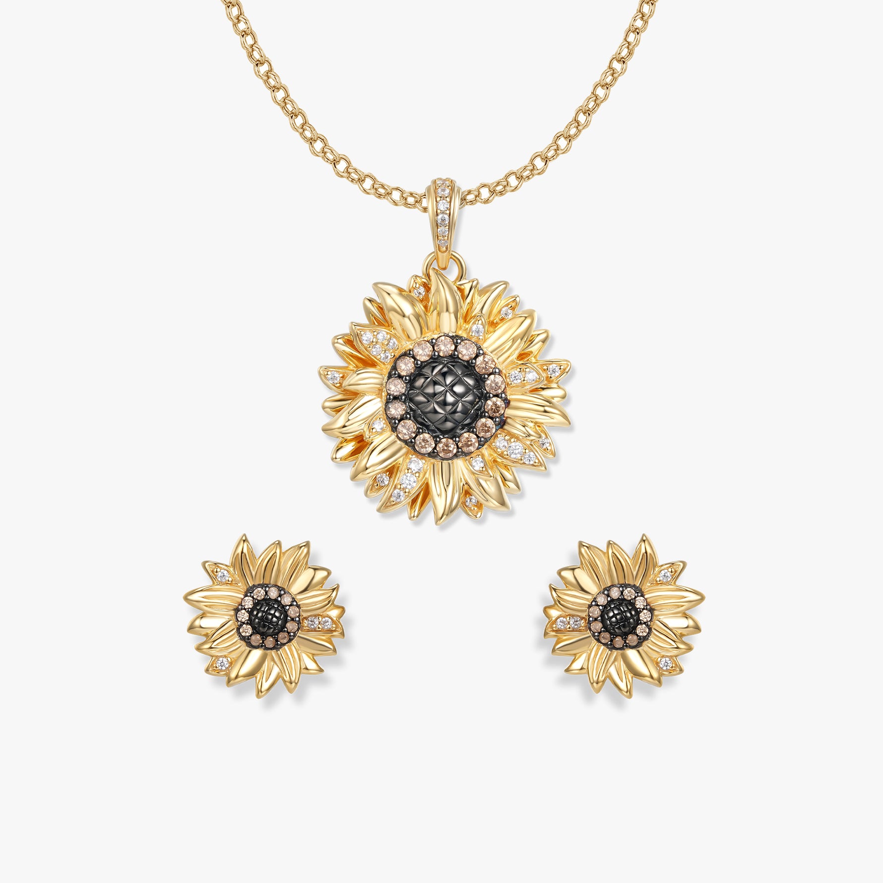 Set di gioielli Solana con girasoli di SEINERZEIT, con ciondolo placcato oro, orecchini a lobo e catenina in argento sterling 925
