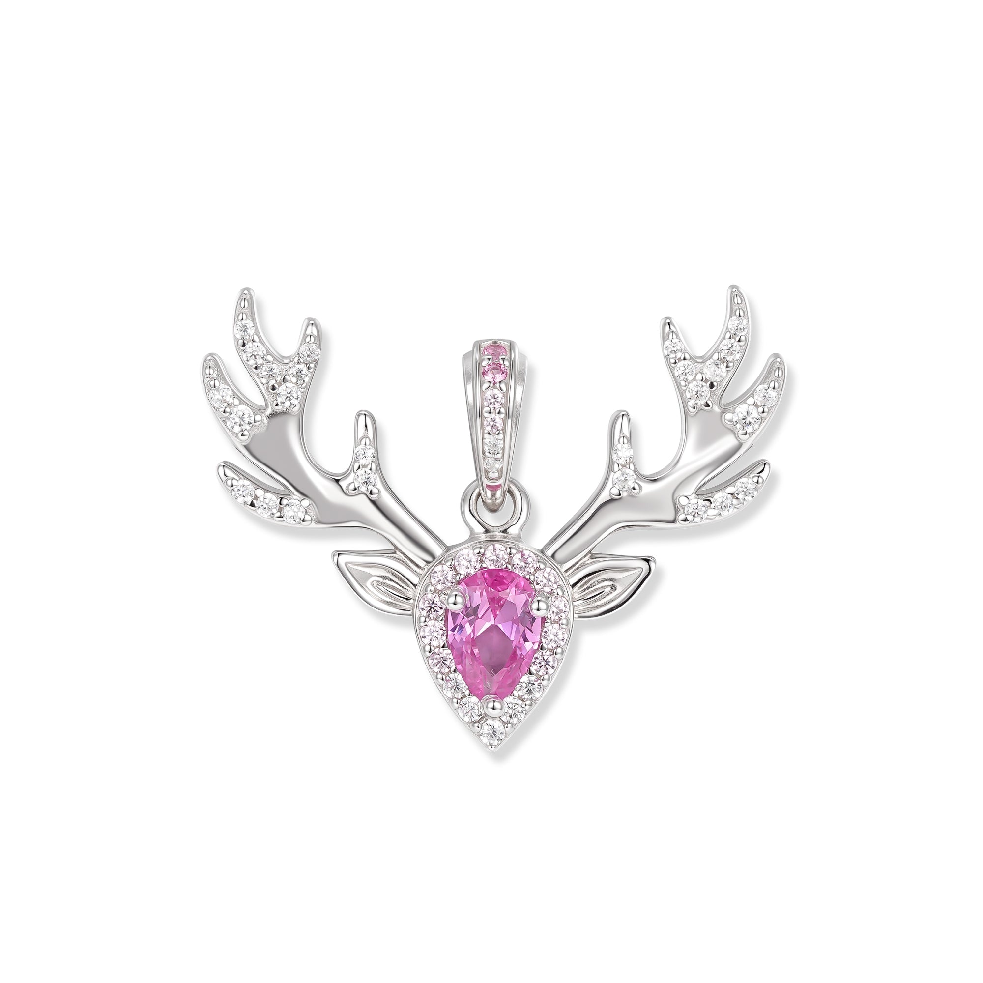 Silberner Freja Hirsch Anhänger aus der DREAM Serie mit abstraktem Hirschkopf, verzweigtem Geweih und tropfenförmigem pinkfarbenem Zirkonia im Zentrum