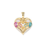 Pendentif cœur Fusion Birds doré avec deux oiseaux, oxydes de zirconium en forme de goutte bleu et fuchsia, accents colorés sur les ailes et émail blanc nacré