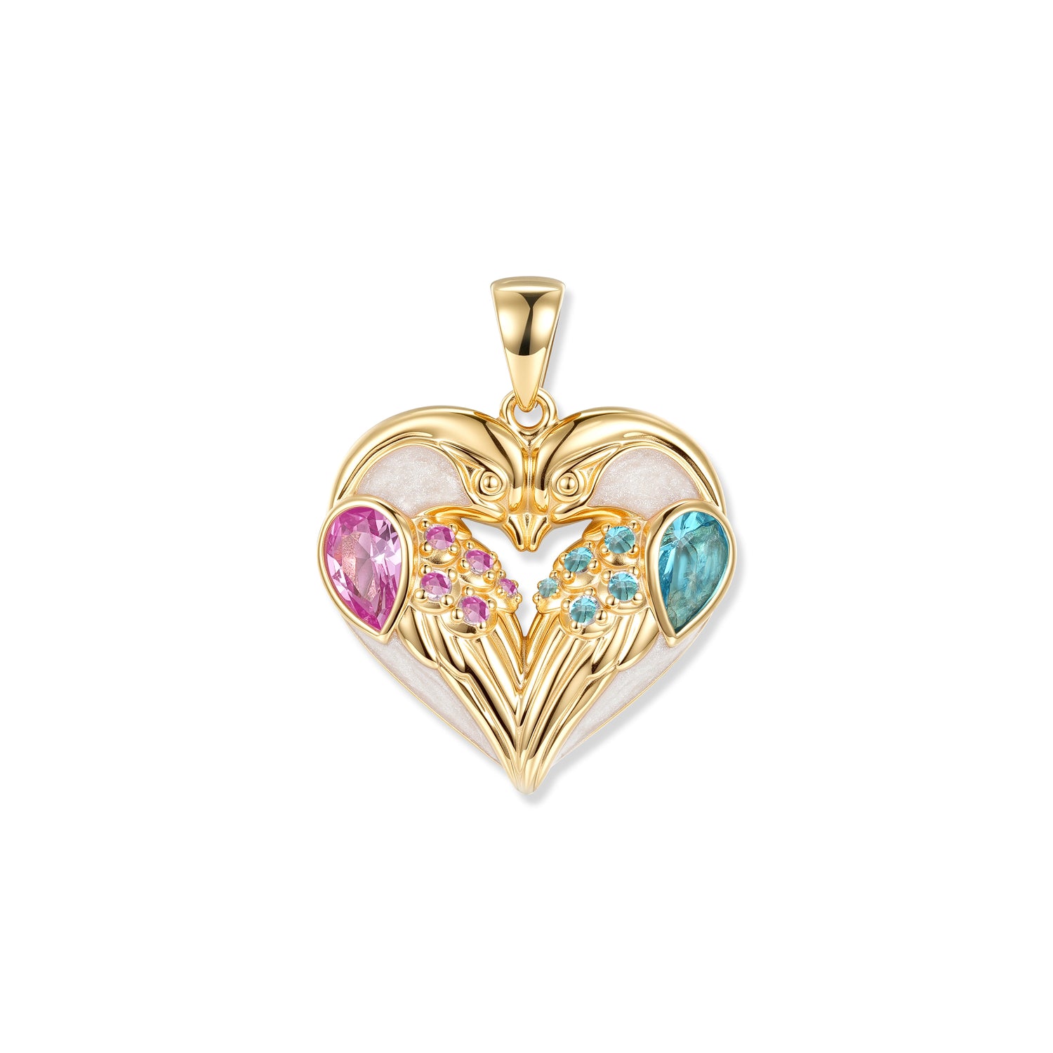Ciondolo a cuore Fusion Birds placcato oro con due uccellini, zirconi a goccia blu e fucsia, dettagli colorati sulle ali e smalto bianco madreperla