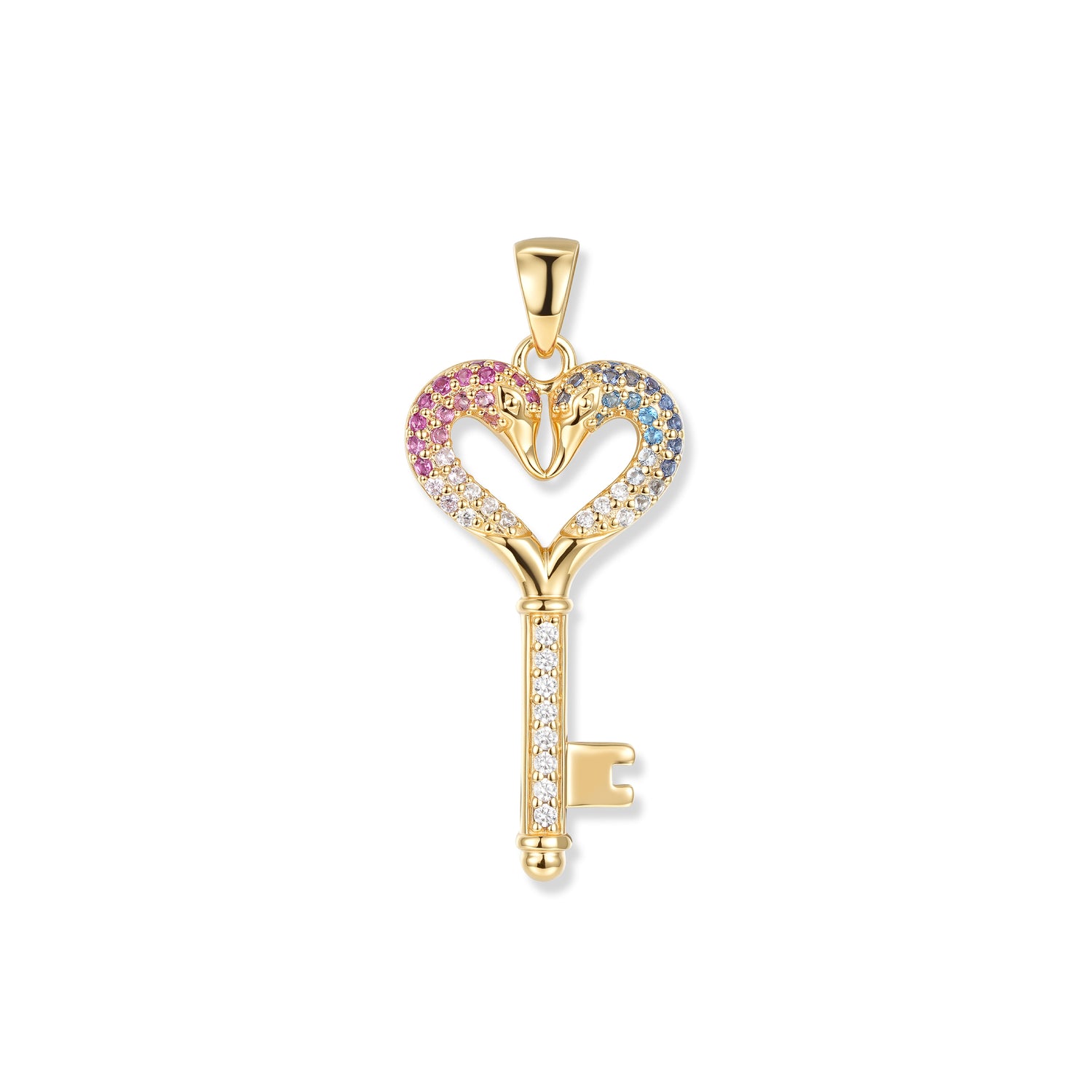 Vergoldeter Fusion Cupid Schlüssel Anhänger mit herzförmigem Griff, rosa und blauen Zirkonia sowie weißen Akzenten, Symbolschmuck für Verbundenheit