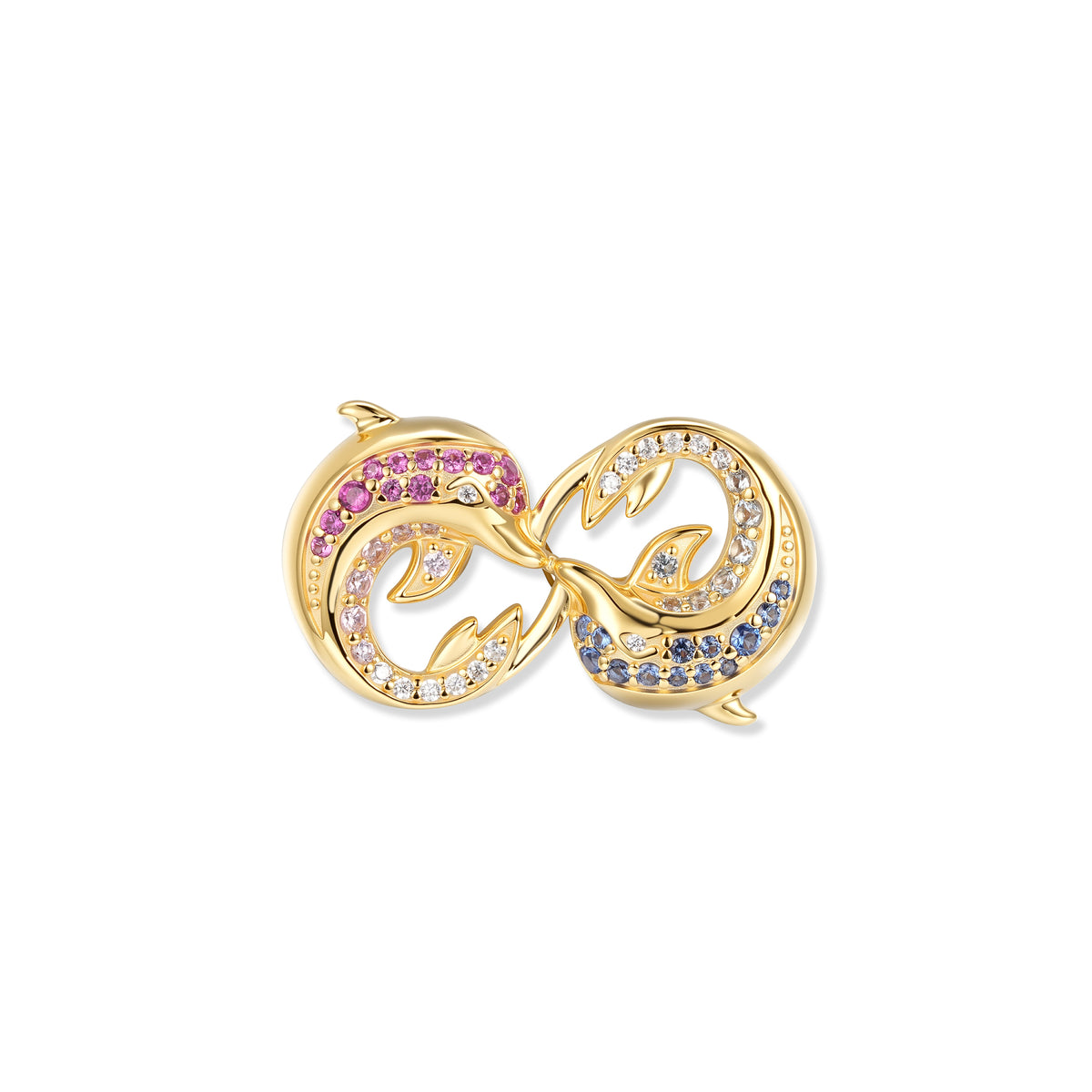 Pendentif infini dauphin plaqué or avec deux dauphins dans un symbole d'infini, zirconias cubiques roses et bleus en dégradé harmonieux