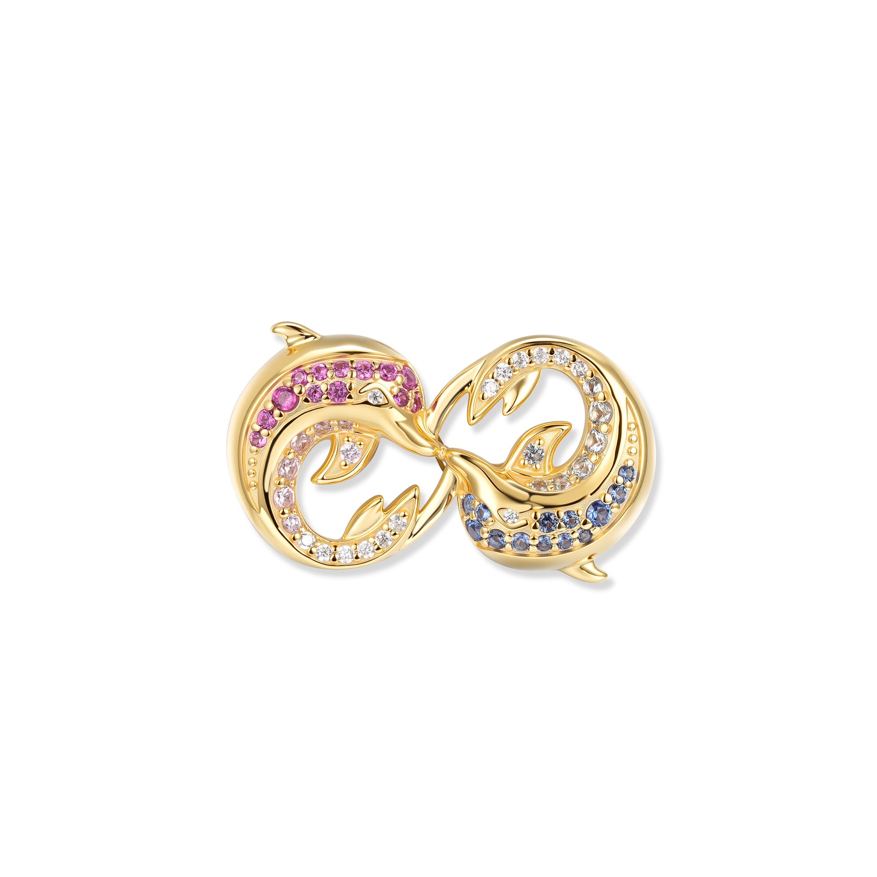 Pendentif infini dauphin plaqué or avec deux dauphins dans un symbole d'infini, zirconias cubiques roses et bleus en dégradé harmonieux