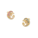 Gold-plated Fusion Dolphin Infinity stud earrings, each featuring a rounded curved dolphin set with pink and blue zirconia