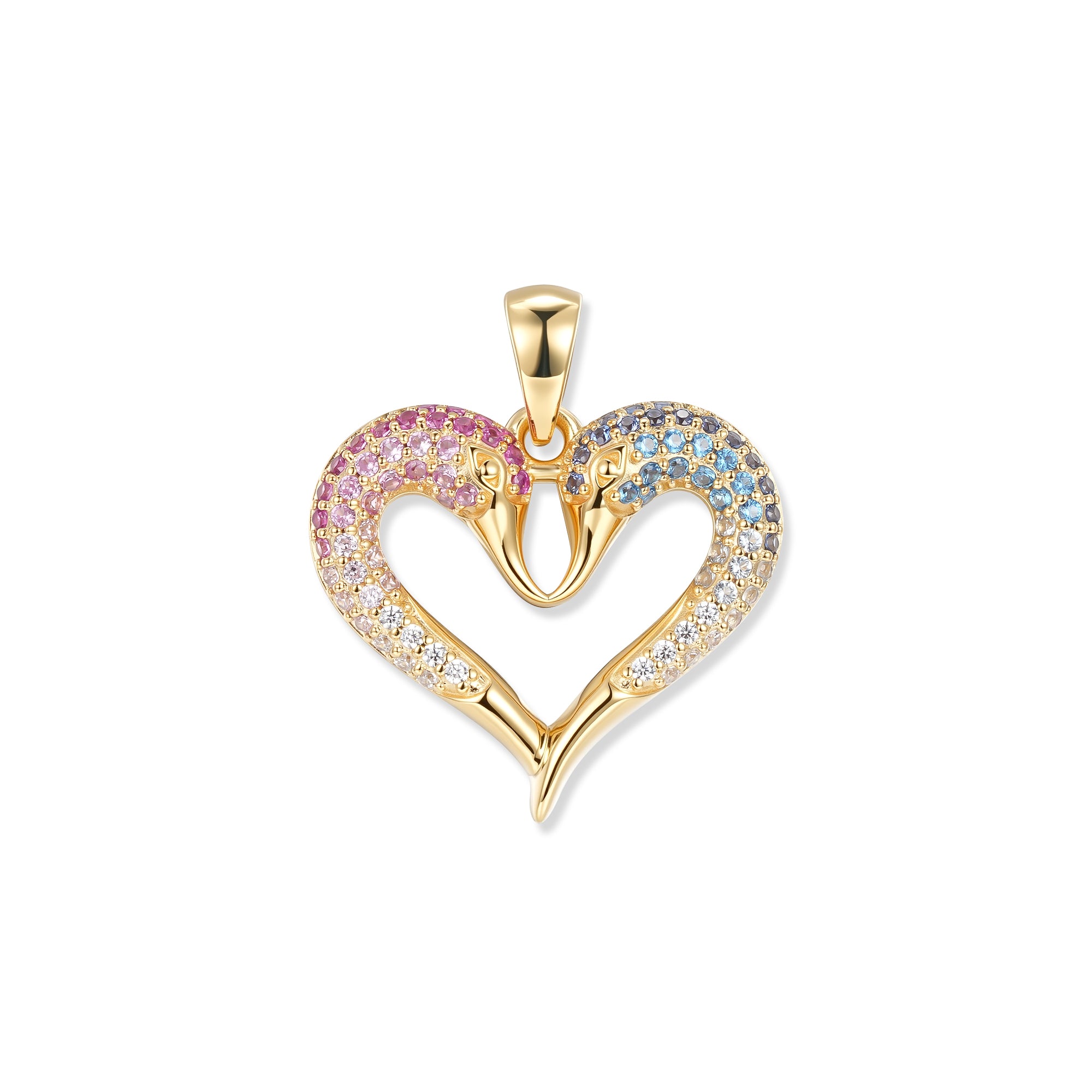 Vergoldeter Fusion Schwan Herz Anhänger mit zwei Schwänen Kopf an Kopf, rosa und blauen Zirkonia im harmonischen Farbverlauf