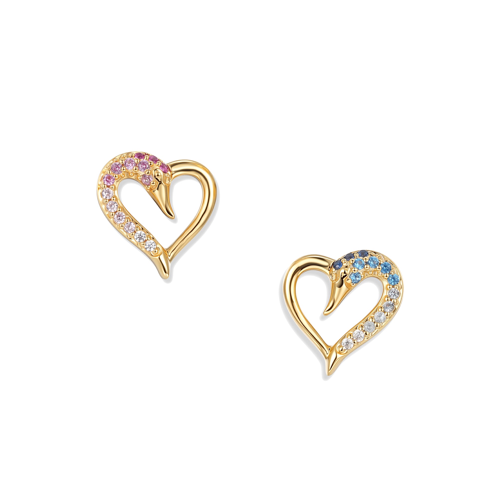 Vergoldete Fusion Schwan Herz Ohrstecker mit rosa und blauen Zirkonia im Farbverlauf, filigranes Herzmotiv mit Schwanform