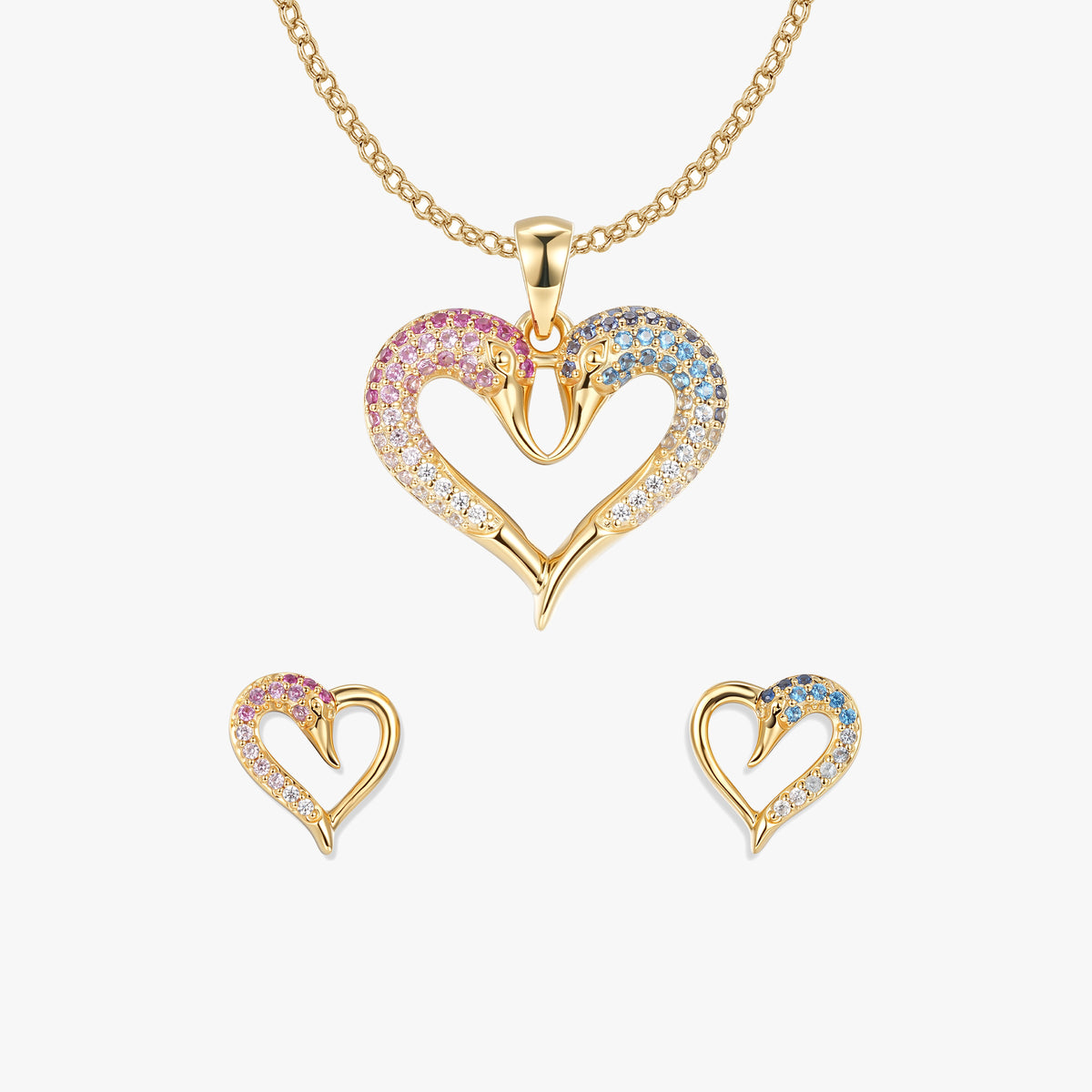 Fusion Schwan Herz Set von SEINERZEIT mit Anhänger, Ohrsteckern und vergoldeter Kette in Rosa und Blau