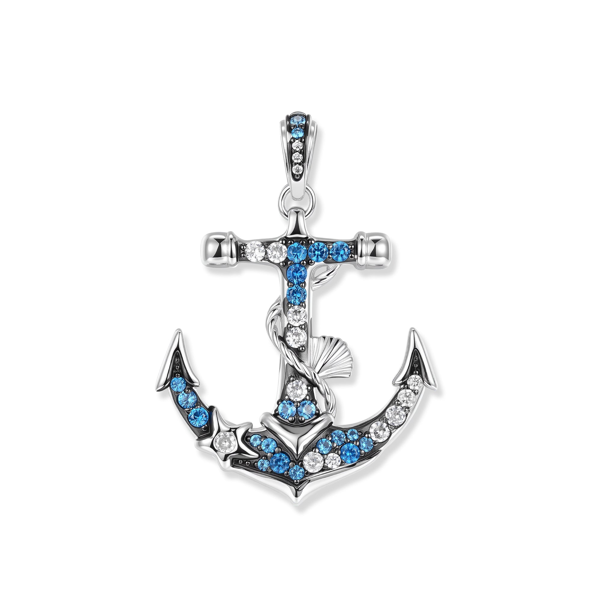 Geschwärzter Harbor Azur Anker Anhänger mit azurblauen und aquamarinfarbenen Zirkonia, Seestern am Haken und Muschel am gewundenen Seil