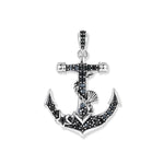 Blackened Harbor Dark anchor pendant with black-rhodium plating, black and white zirconia, starfish on the hook and shell on the twisted rope