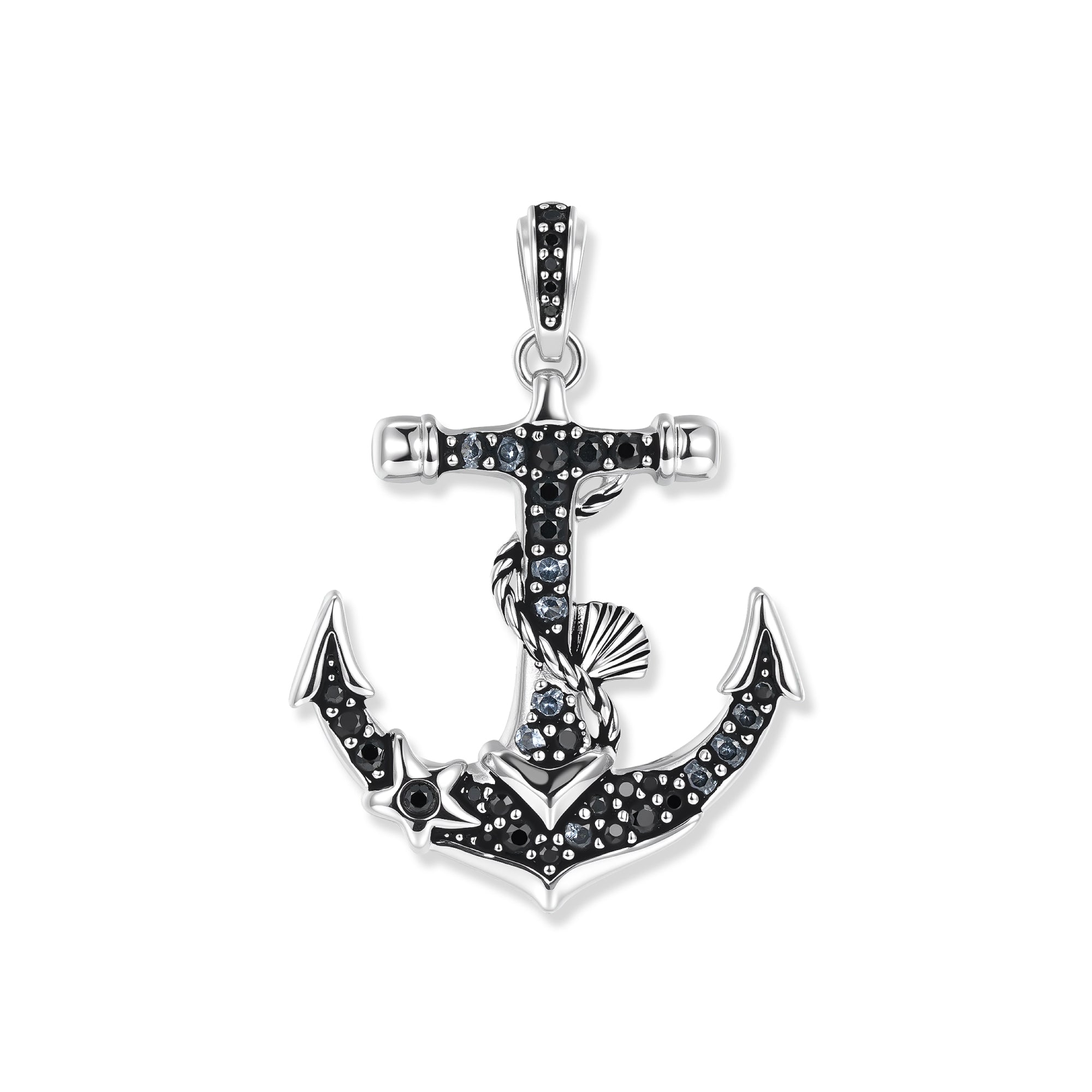 Geschwärzter Harbor Dark Anker Anhänger mit Black-Rhodium-Veredelung, schwarzen und weißen Zirkonia, Seestern am Haken und Muschel am gewundenen Seil