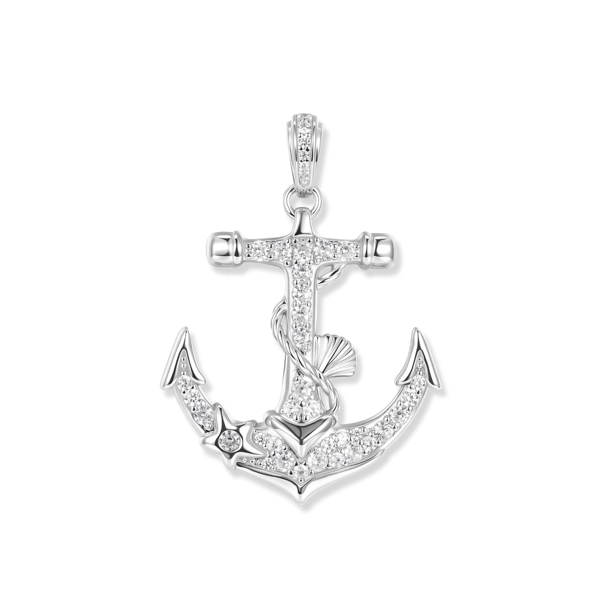 Ciondolo Harbor White a forma di ancora in argento con zirconi bianchi, stella marina sul gancio, conchiglia su corda intrecciata e supporto a croce