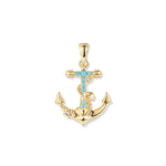 Pendentif ancre Haven Aqua plaqué or avec oxydes de zirconium turquoise, petite étoile de mer sur le crochet et coquillage sur corde torsadée