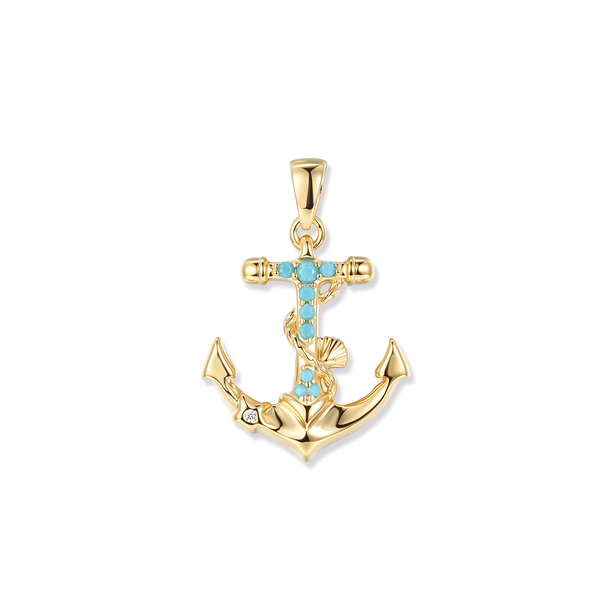Ciondolo Haven Aqua a forma di ancora placcato oro con zirconi turchesi, piccola stella marina sul gancio e conchiglia su corda intrecciata