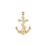 Pendentif ancre en cristal doré Haven avec zirconias blancs, petite étoile de mer sur l'hameçon et coquillage sur corde torsadée