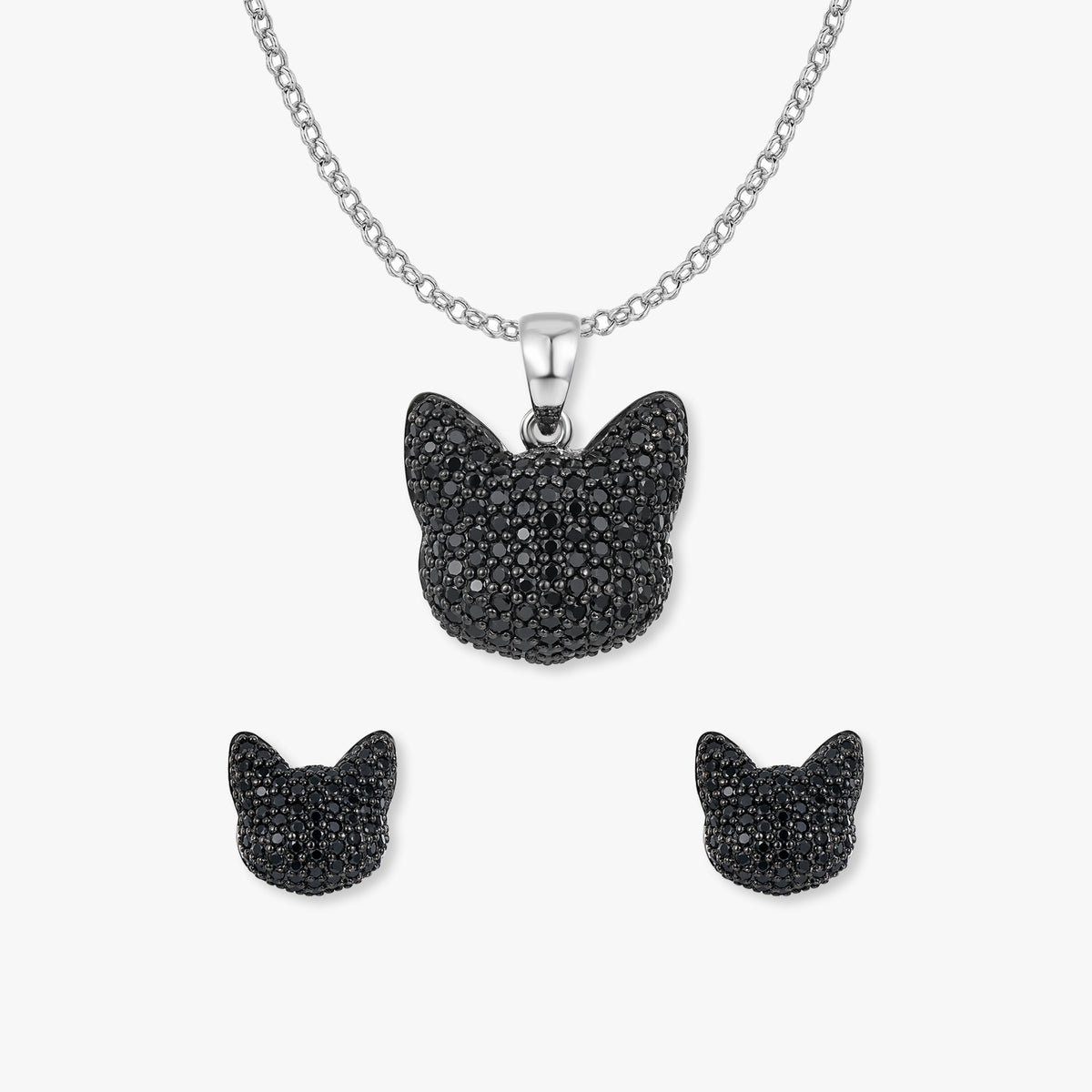 Kuro Katzen Set von SEINERZEIT aus 925 Sterling Silber mit Katzen Anhänger, Ohrsteckern und Kette
