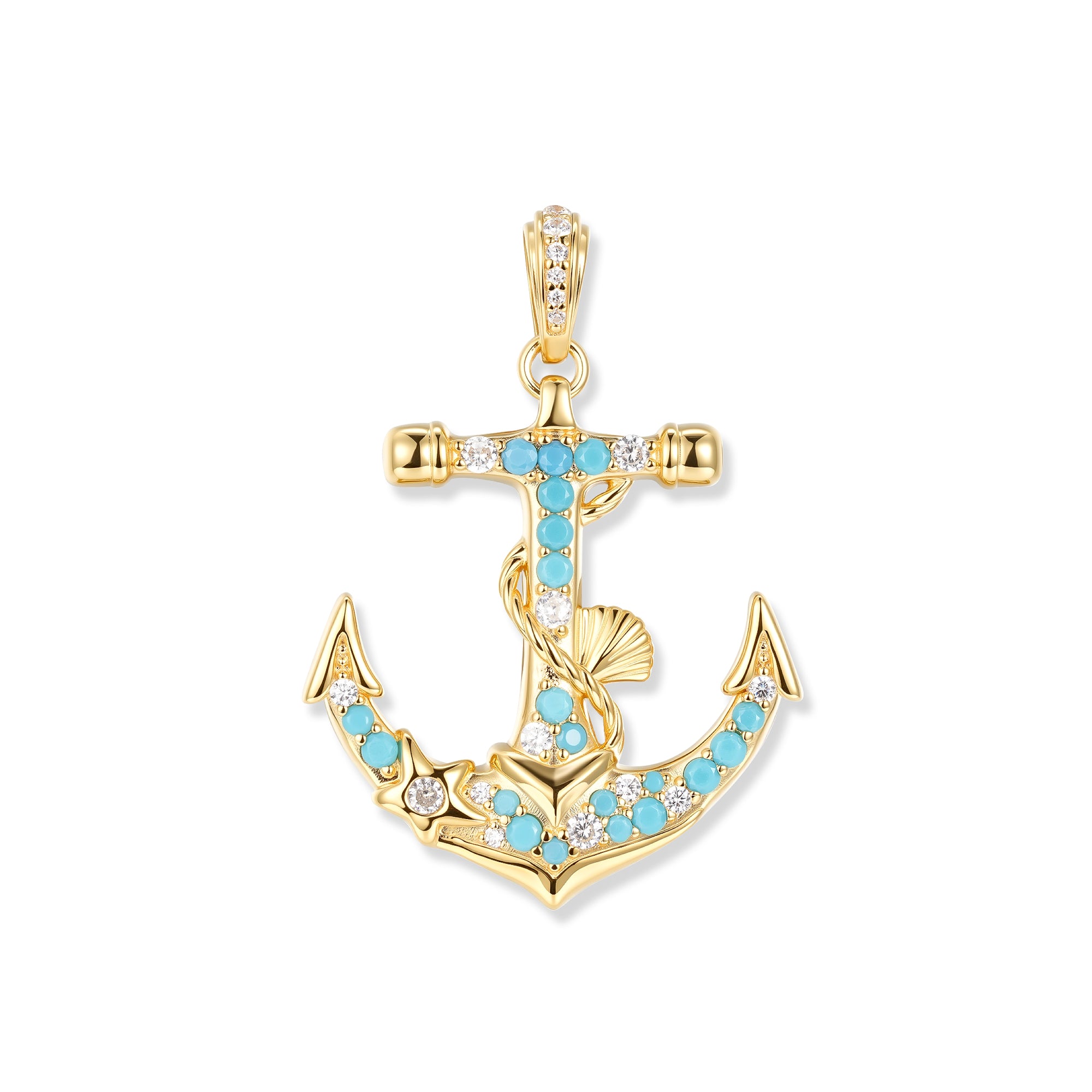 Vergoldeter Marina Aqua Anker Anhänger mit türkisen Zirkonia, Seestern am Haken und Muschel am gewundenen Seil