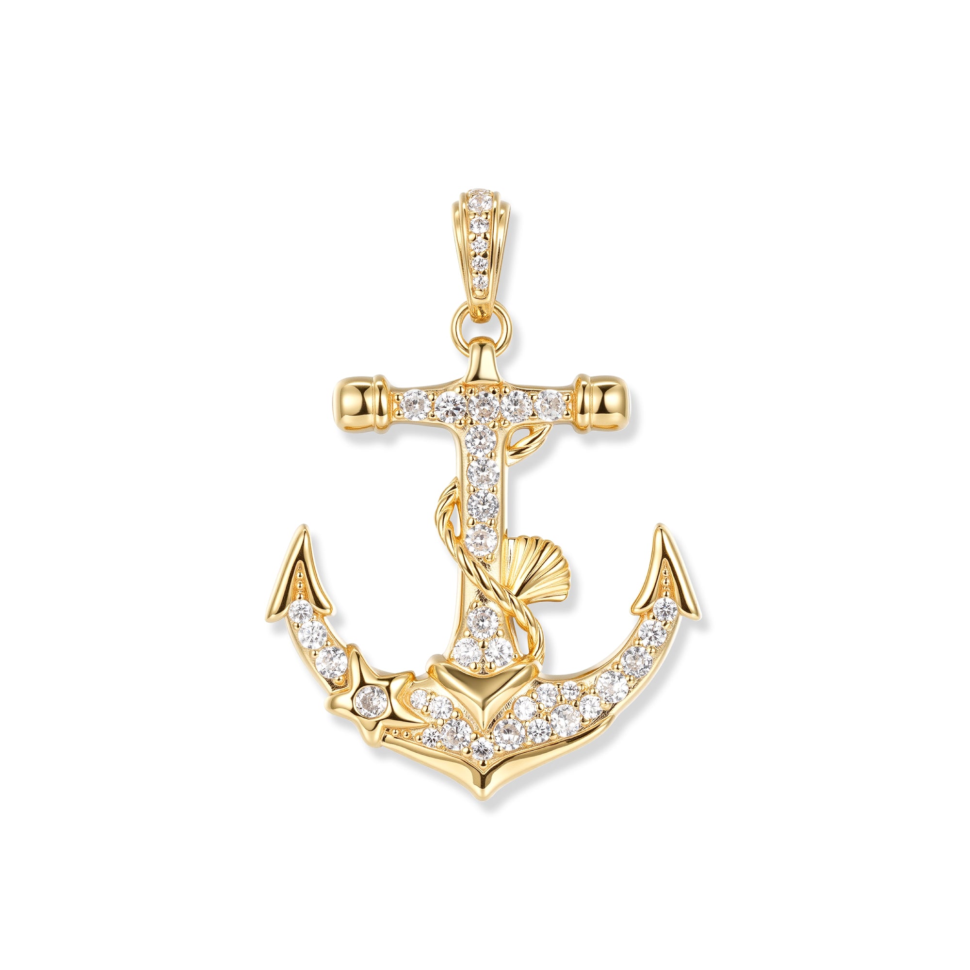 Vergoldeter Marina Crystal Anker Anhänger mit weißen Zirkonia, Seestern am Haken und Muschel am gewundenen Seil