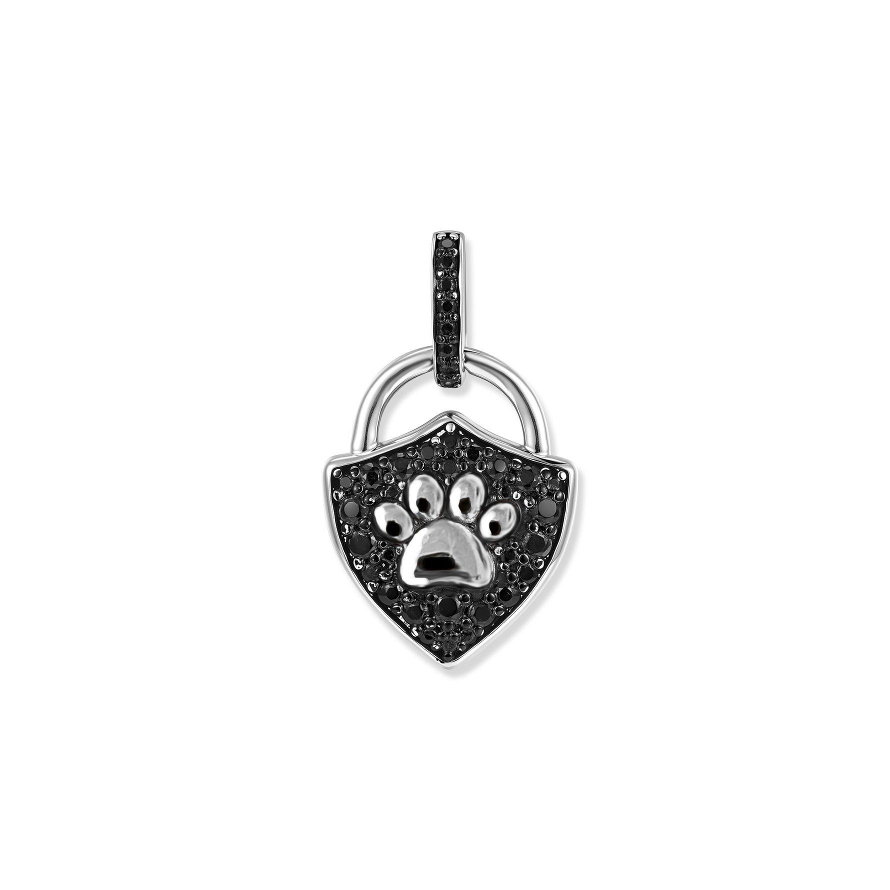 Pendentif cadenas Midnight Paw en argent oxydé de forme triangulaire, avec patte mate en relief et oxydes de zirconium blancs sur la bélière et le cadre