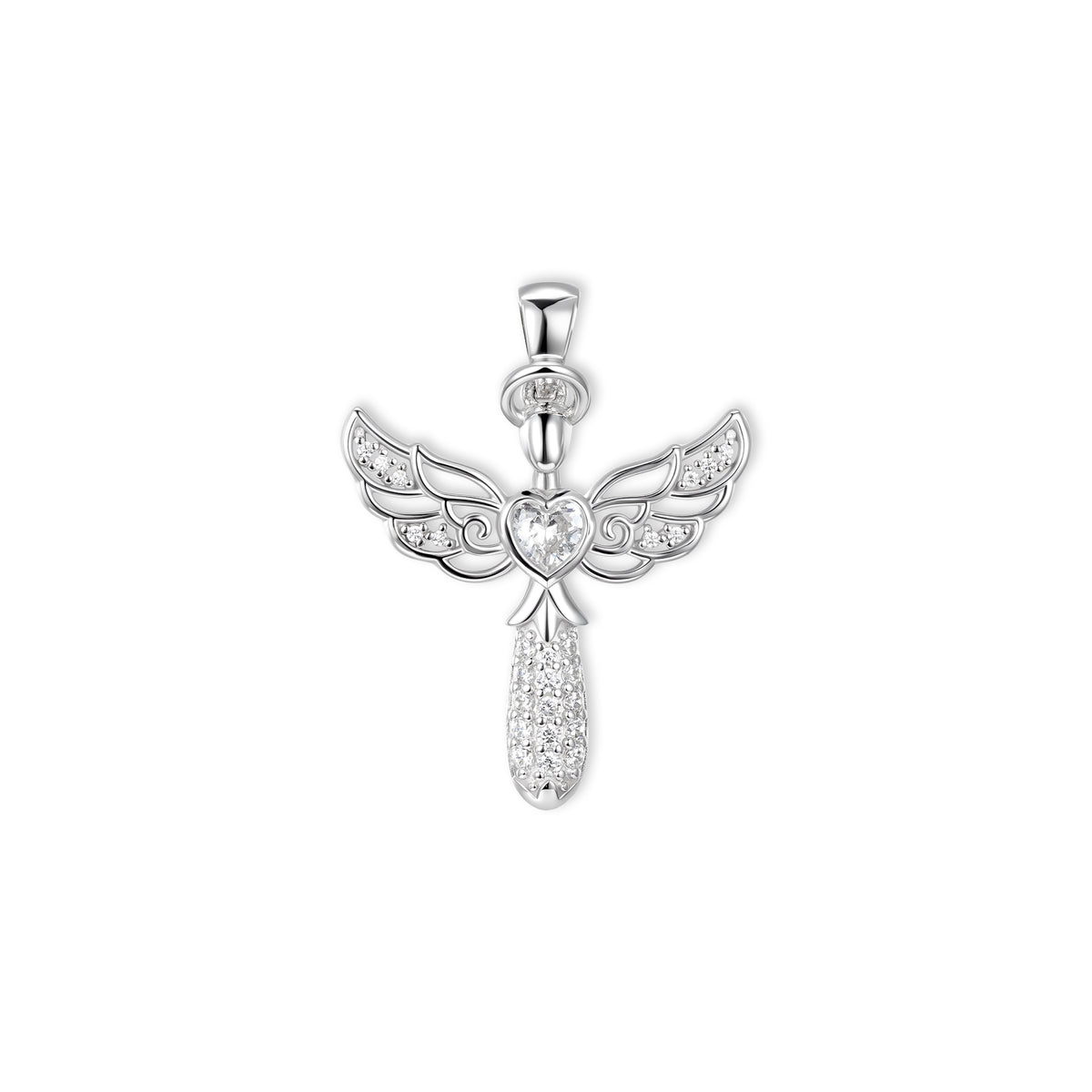 Filigraner Mira Engel-Anhänger von SEINERZEIT aus rhodiniertem 925 Sterling Silber mit weißem Herz-Zirkonia 