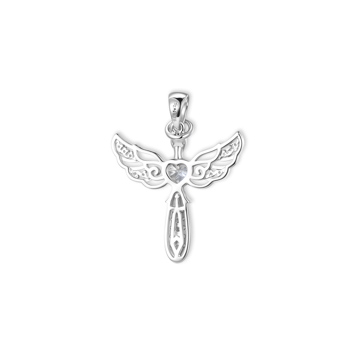 Rückseite des filigranen Mira Engel-Anhängers von SEINERZEIT aus rhodiniertem 925 Sterling Silber mit Herz-Zirkonia 