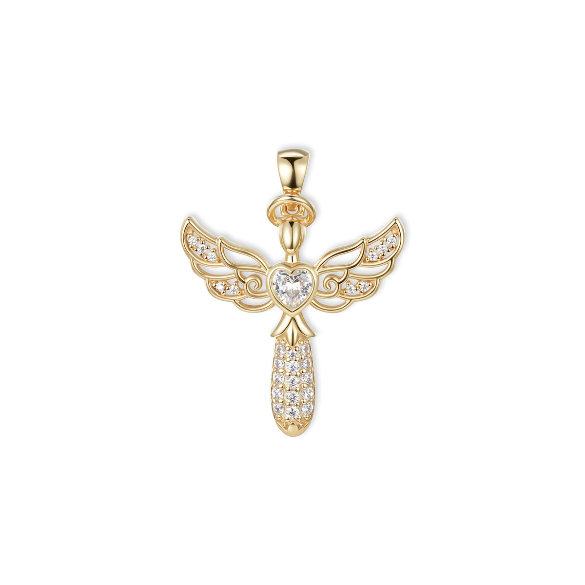 Filigraner Mira Engel-Anhänger von SEINERZEIT aus vergoldetem 925 Sterling Silber mit weißem Herz-Zirkonia 