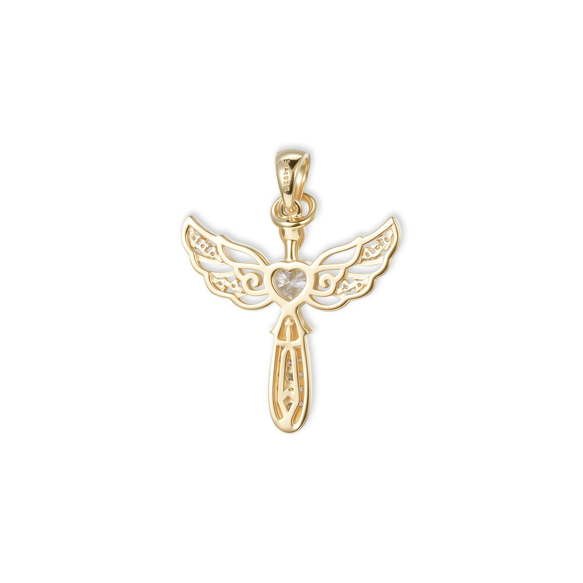 Rückseite des filigranen Mira Engel-Anhängers von SEINERZEIT aus vergoldetem 925 Sterling Silber mit Herz-Zirkonia 