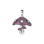 Silver moss mushroom pendant with fuchsia and white zirconia, a large mushroom and two small mushrooms, black rhodium accents, and a high-gloss finish
