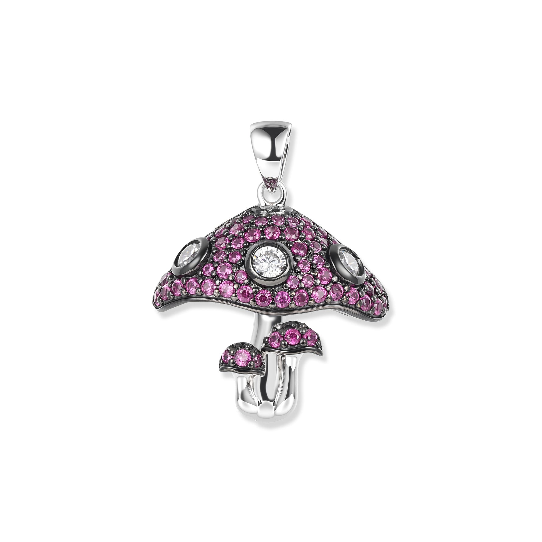 Ciondolo a forma di fungo Moss in argento con zirconi fucsia e bianchi, un fungo grande e due piccoli, dettagli in rodio nero e finitura lucida