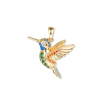 Gold-plated Nani hummingbird pendant with green, blue, and orange zirconia in a delicate, lively design