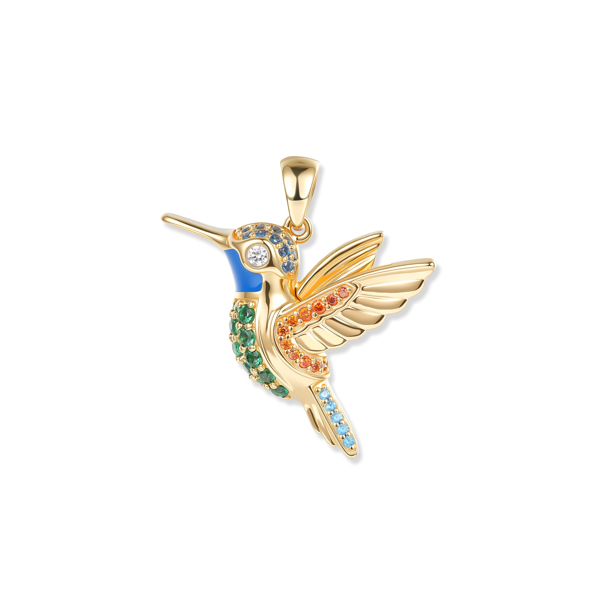 Vergoldeter Nani Kolibri Anhänger mit grünen, blauen und orangefarbenen Zirkonia in filigranem, lebendigem Design
