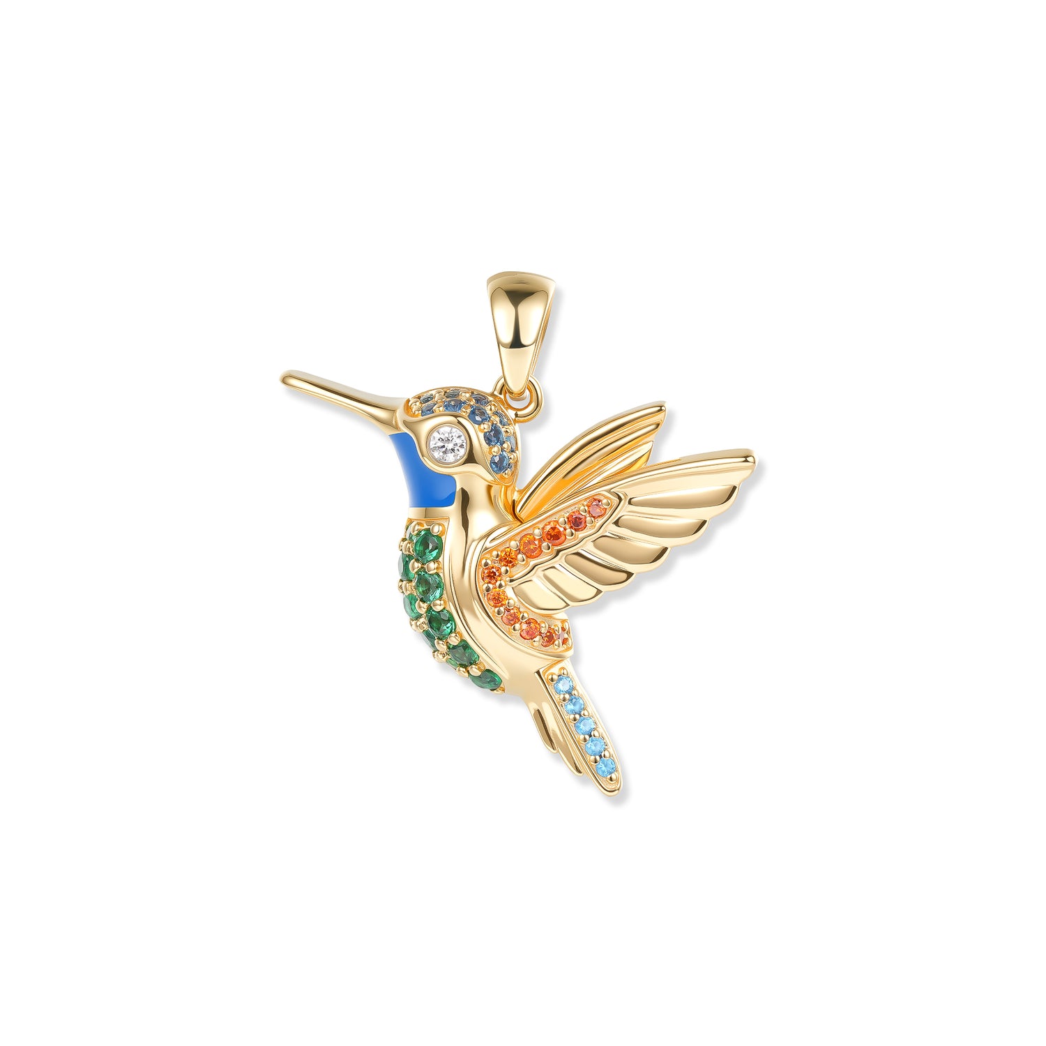 Gold-plated Nani hummingbird pendant with green, blue, and orange zirconia in a delicate, vibrant design