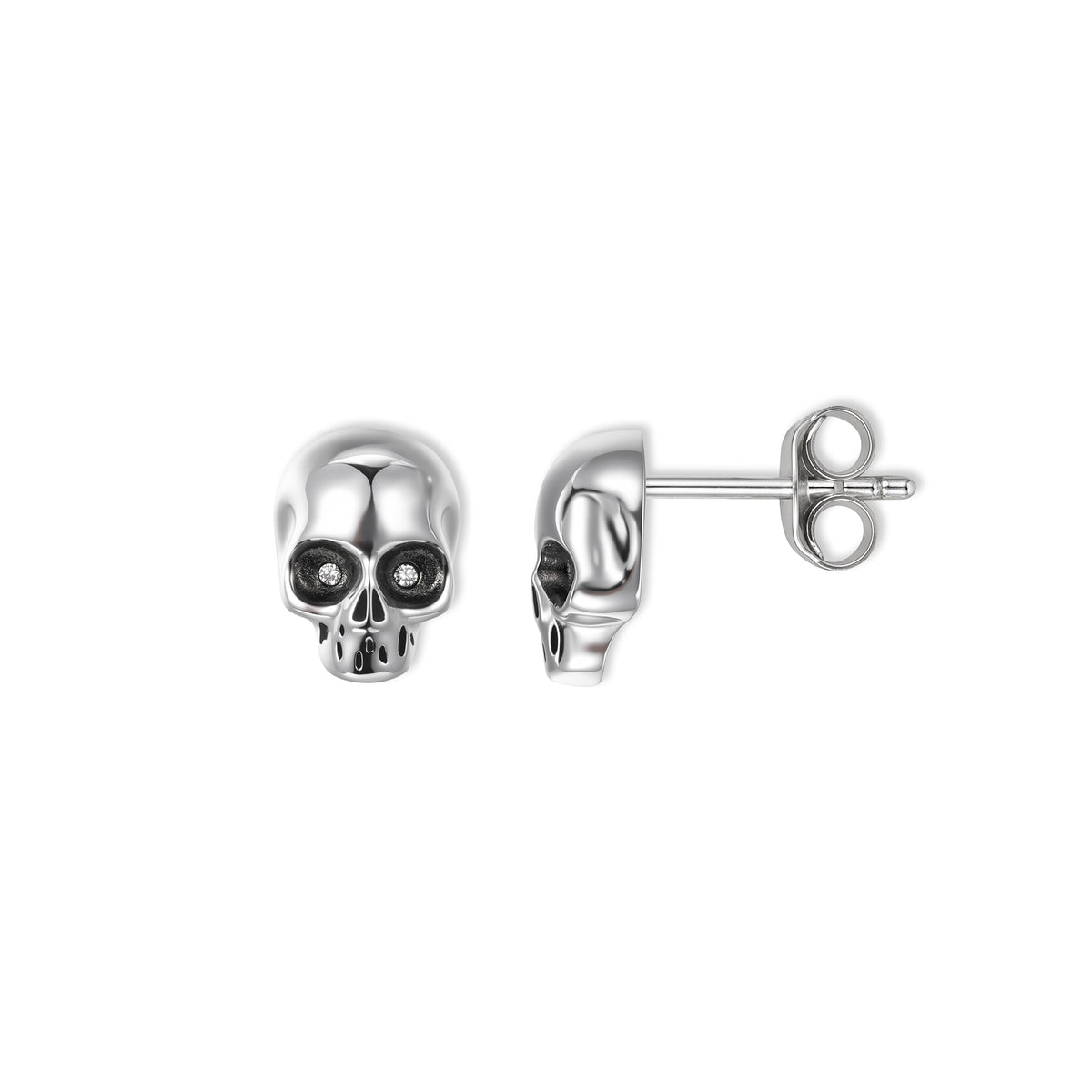 Nero Totenkopf-Ohrstecker von SEINERZEIT aus 925 Sterling Silber mit weißen Zirkonia in Front- und Seitenansicht