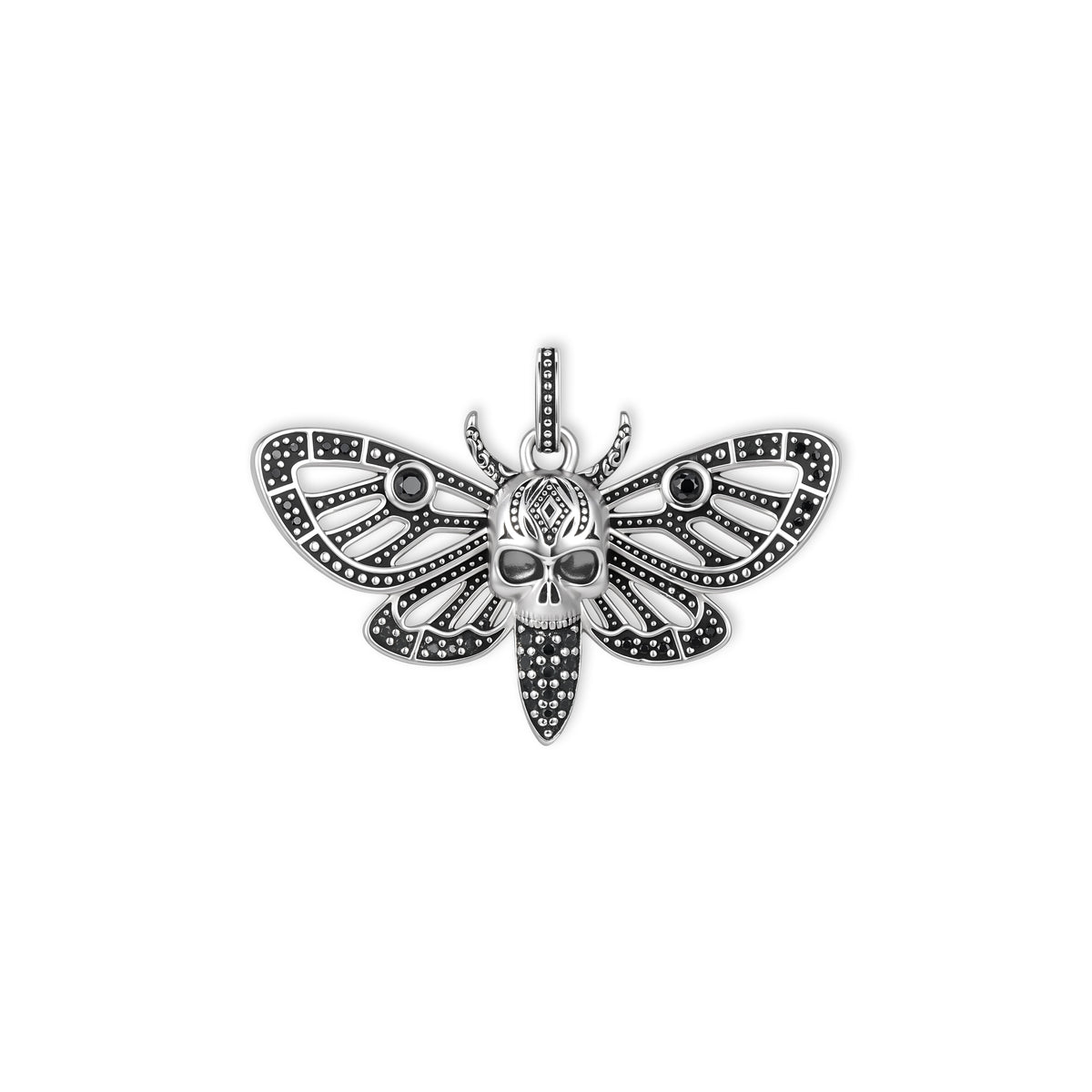 Nyx Motten-Anhänger von SEINERZEIT aus 925 Sterling Silber mit schwarzen Zirkonia und Totenkopf-Motiv