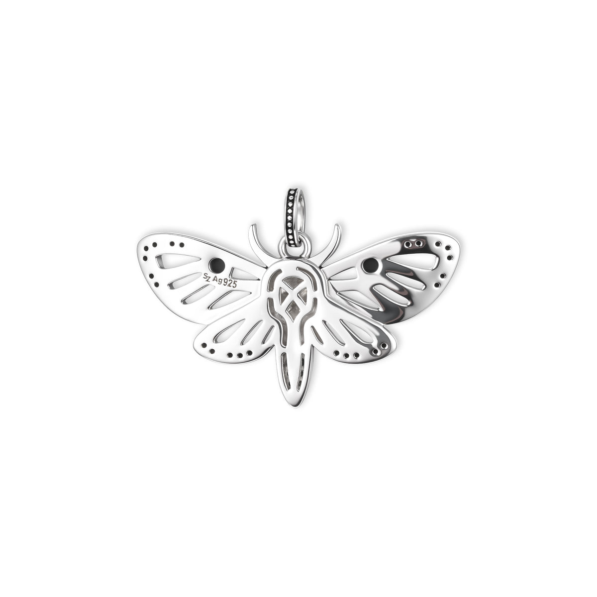 Rückseite des Nyx Motten-Anhängers von SEINERZEIT aus 925 Sterling Silber mit offen gearbeiteter Mottenform