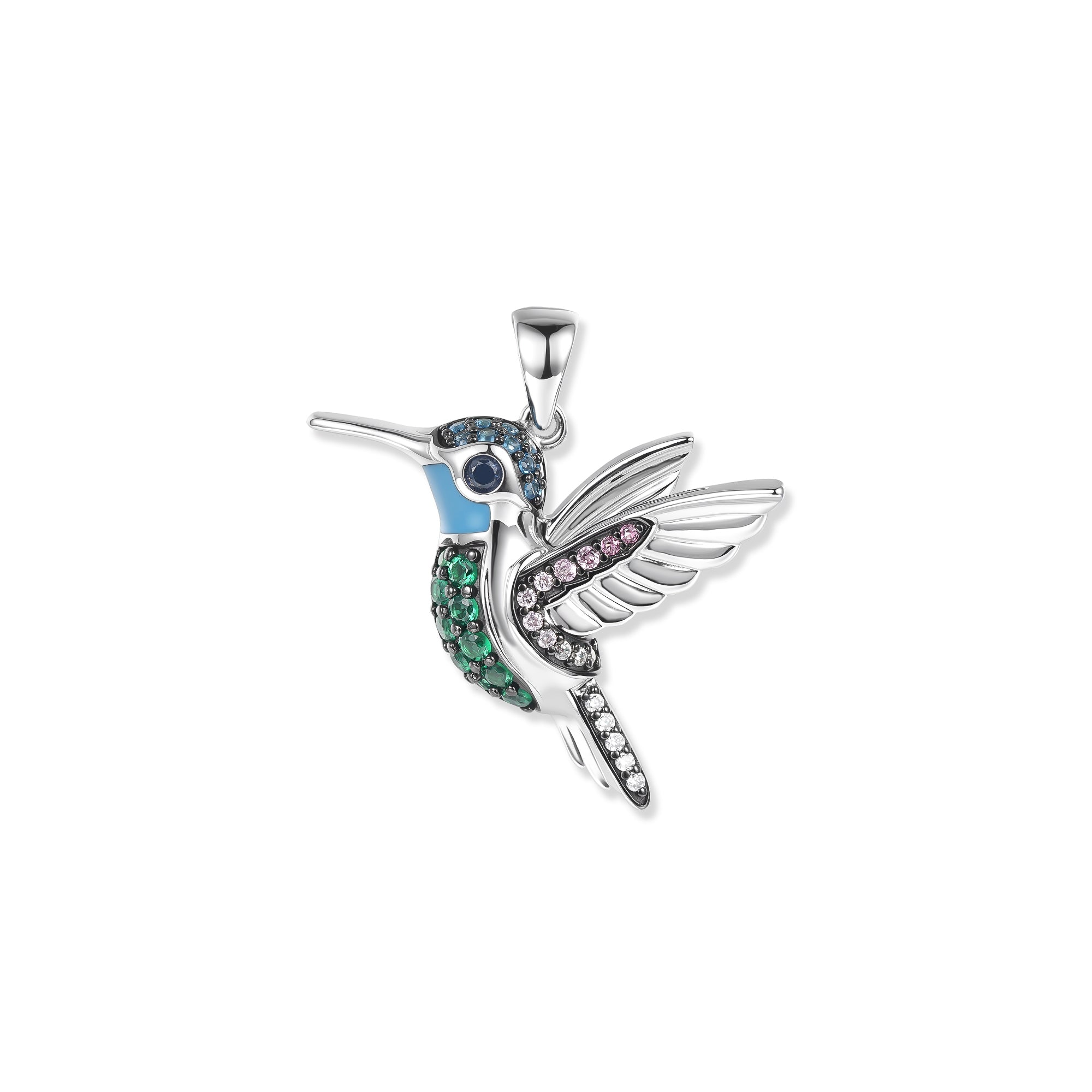 Silberner Pepe Kolibri Anhänger mit grünen, blauen, orangefarbenen und weißen Zirkonia in filigranem Design
