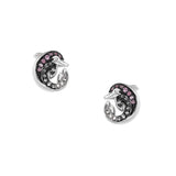 Silberne Pink Delfin Infinity Ohrstecker mit jeweils einem rund gekrümmten Delfin, vollständig besetzt mit kräftig pinken Zirkonia