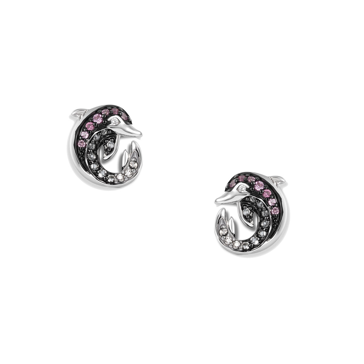 Silberne Pink Delfin Infinity Ohrstecker mit jeweils einem rund gekrümmten Delfin, vollständig besetzt mit kräftig pinken Zirkonia