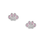 Orecchini a forma di zampa rosa in argento, con una zampa ciascuno, zirconi ovali rosa sulle punte delle zampe e zirconi bianchi incastonati