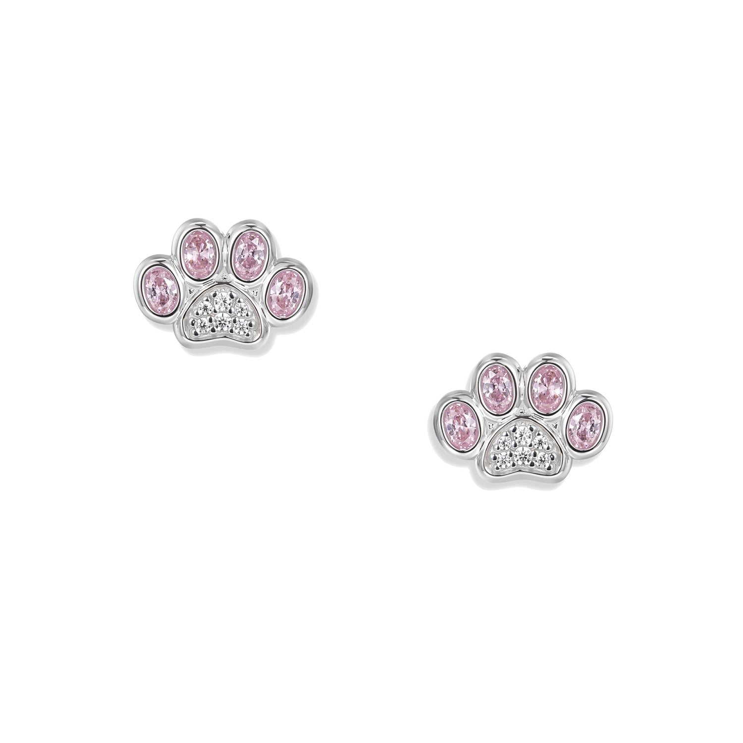 Orecchini a lobo a forma di zampa rosa in argento, con una zirconia ovale rosa sulle punte della zampa e decorazione in zirconia bianca.